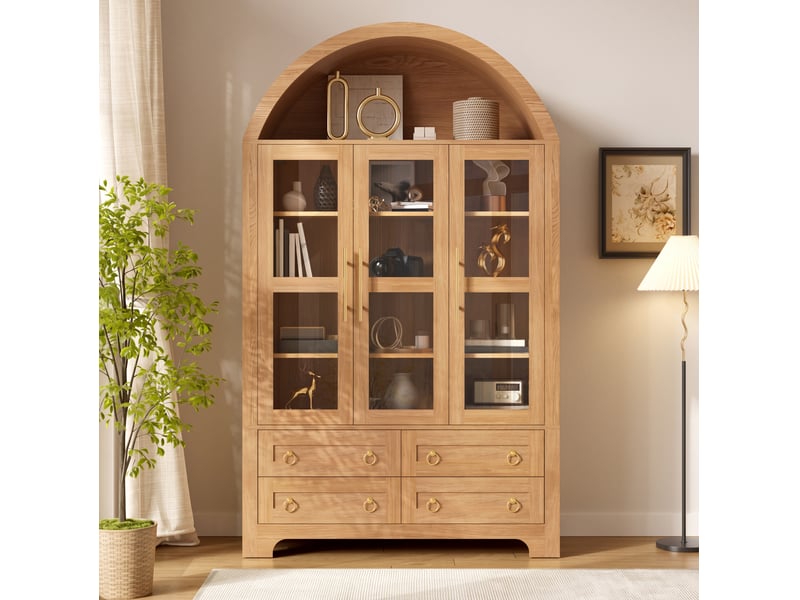  Buffet haut tcqpz 110 x 40 x 185 cm 3 portes vitrées 4 tiroirs niche ouverte mdf panneaux de particules naturel  - Conforama B