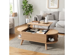 Table basse ovale relevable avec rangement caché, table de salon multifonction design vintage, plateau mdf effet bois, pieds en bois, noyer
