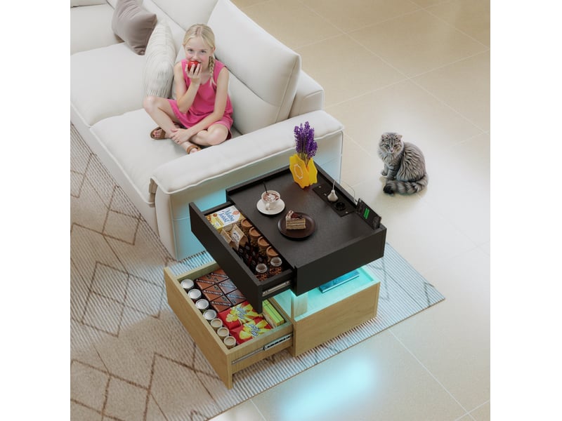  Table de chevet tcqpz 50 x 40 x 50 cm avec charge sans fil usb led et 2 tiroirs noir et bois naturel  - Conforama D