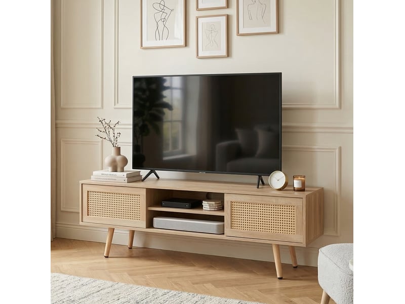 Meuble tv avec 2 portes coulissantes en rotin, 3 étagères réglables et pieds en bois pour salon, 140 × 40 × 45 cm - Conforama B