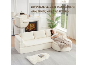 Canapé d'angle, canapé 3 places, en chenille, crème, forme incurvée, design moderne, mobilier pour espace de vie, pour salon