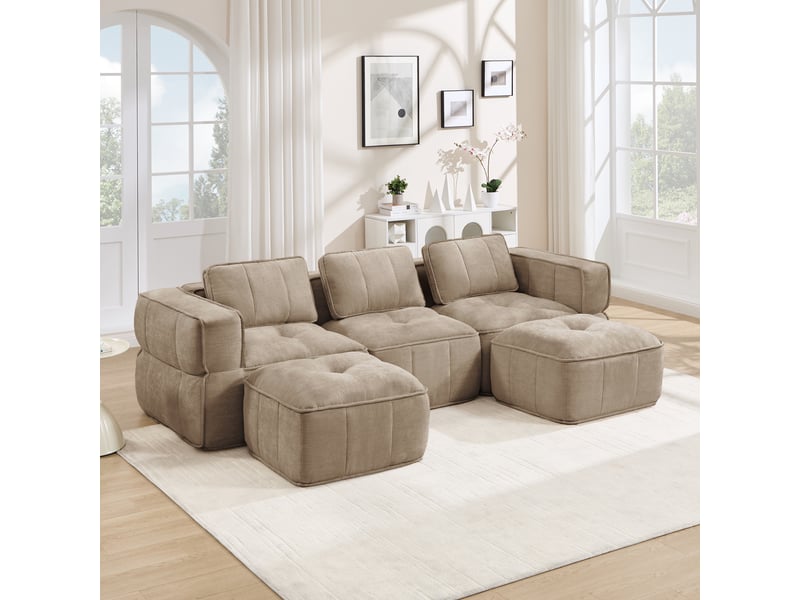  Canapé panoramique en u 3 places avec 2 poufs, assise profonde - lpospi - sans cadre, polyester sable  - Conforama C