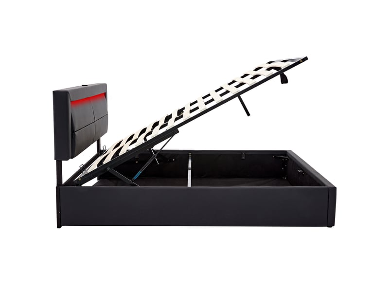  Lit rembourré 140 x 190 cm, avec port usb (supporte le chargement sans fil et filaire), avec éclairage led et espace de rangement, sans matelas, design pu-lychee, noir  - Conforama D