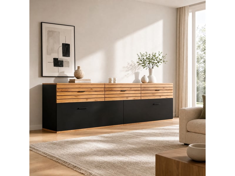  Meuble tv 168 x 38 x 59 cm naturel et noir avec 3 tiroirs et 2 portes abattantes  - Conforama B