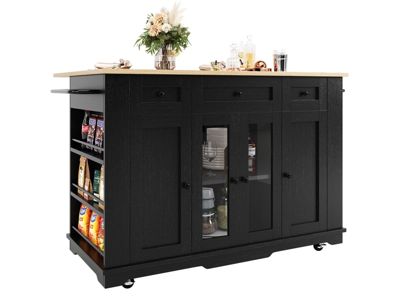  Desserte 151,5x60x91,7 cm, îlot de cuisine, plateau pliable, tiroirs et portes, en mdf et verre trempé, noir et bois  - Conforama D