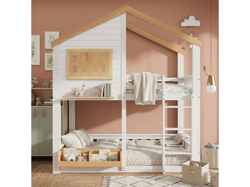 Lit superposé cabane enfant 90x200cm avec échelle, fenêtre décorative et étagère, couchage double en bois, blanc et naturel evarich - Conforama B