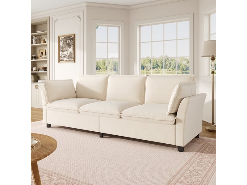  Canapé de salon 3 places 220x81x87 cm, confort moelleux effet nuage avec cadre métal et 2 coussins d’accoudoirs, chenille, beige  - Conforama B