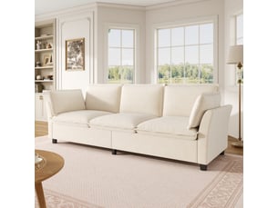 Canapé de salon 3 places 220x81x87 cm, confort moelleux effet nuage avec cadre métal et 2 coussins d’accoudoirs, chenille, beige
