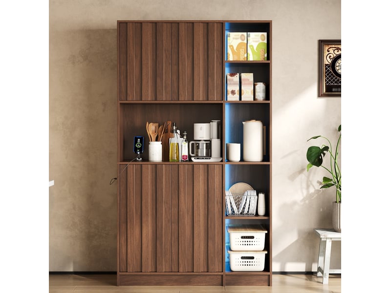  Armoire de cuisine haute 105x40x180 cm avec led et prises, coloris noyer  - Conforama B