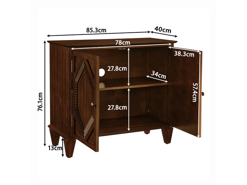  Buffet vitrine rétro 85,3x40 cm avec portes vitrées symétriques, rangement et détails géométriques, mdf et bois massif, effet noyer  - Conforama C