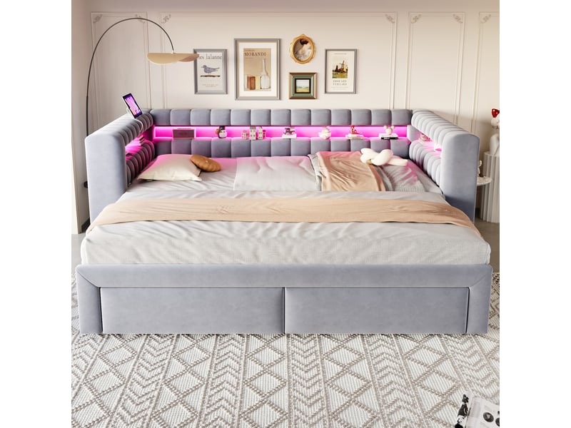  Lit gigogne 90x190 cm - banquette convertible 180x190 cm - 2 tiroirs - led usb-c - gris  - Conforama B