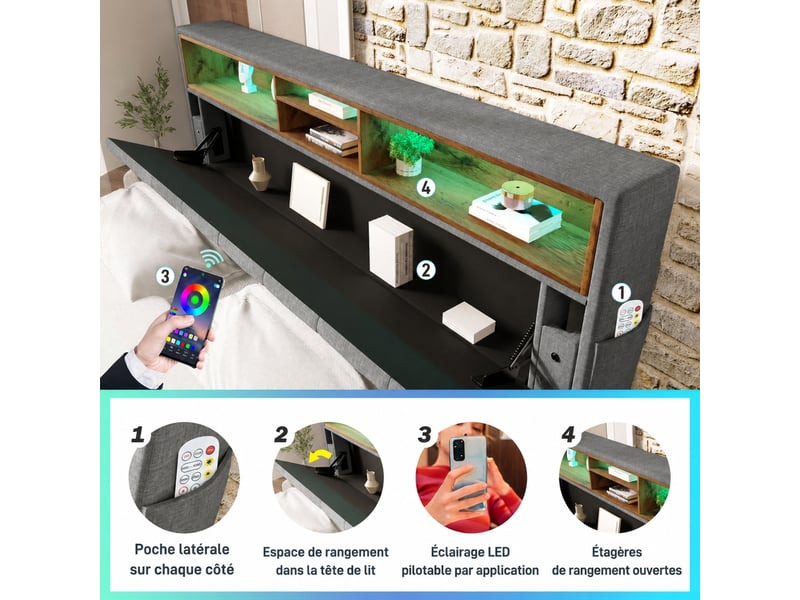 Lit double rembourré 140 x 200 cm avec tête de lit rangement et led gris - Conforama D