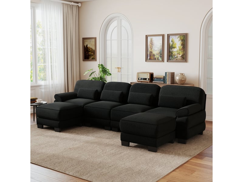  Canapé d'angle 4 places en u moderne avec 2 poufs, structure à cadre, assise profonde et spacieuse, cordon cord doux, coussins épais, noir, pour salon  - Conforama B