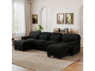 Canapé d'angle 4 places en u moderne avec 2 poufs, structure à cadre, assise profonde et spacieuse, cordon cord doux, coussins épais, noir, pour salon