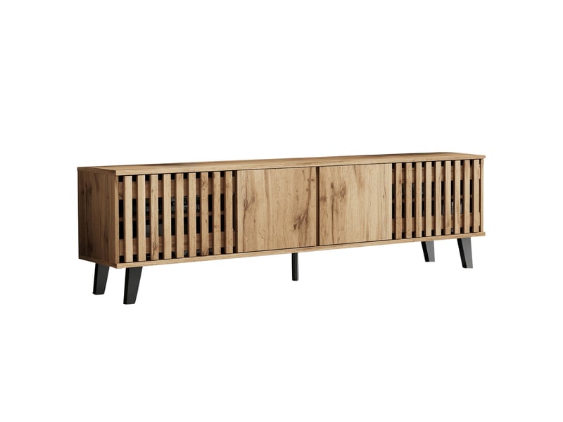 Meuble tv moderne effet bois naturel 180x40x55 cm avec 8 compartiments de rangement pour tv jusqu'à 70 pouces - Conforama D