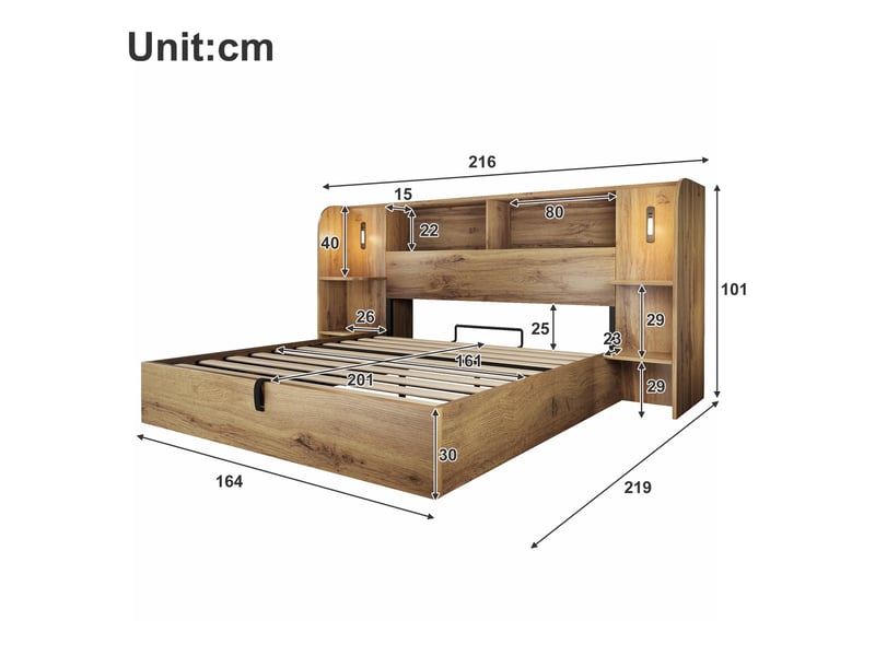  Lit coffre 2 places 160x200 cm avec led et usb coloris chêne  - Conforama C