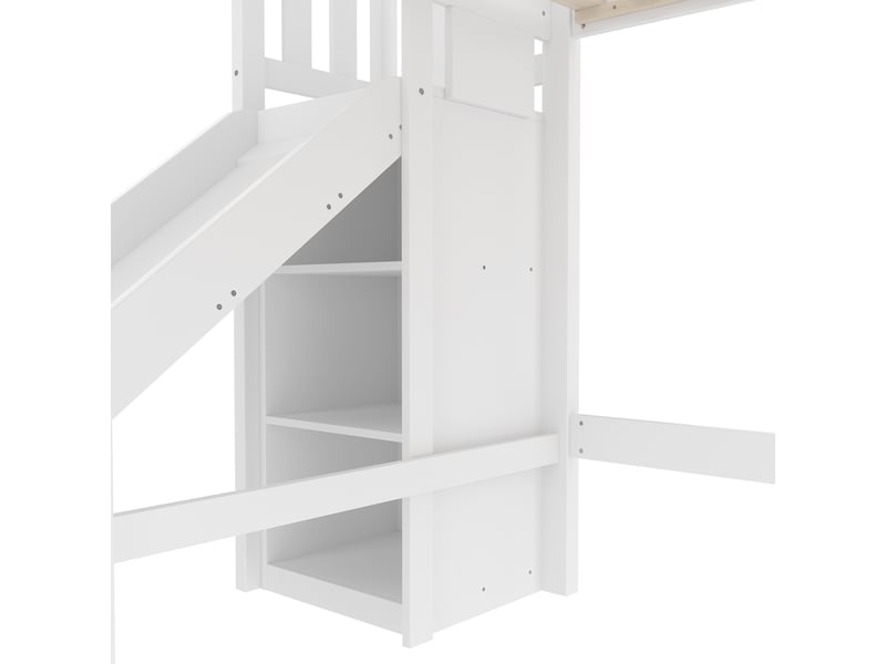  Lit mezzanine enfant avec toboggan, 90x200 cm, pin et mdf blanc, trois étagères et éclairage led  - Conforama W