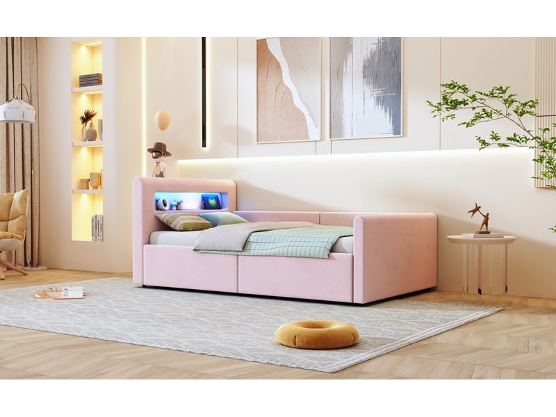Lit enfant 90x200 cm rose velours avec led lumière de nuit port usb rangement hydraulique et étagère Sol Morn - Conforama B