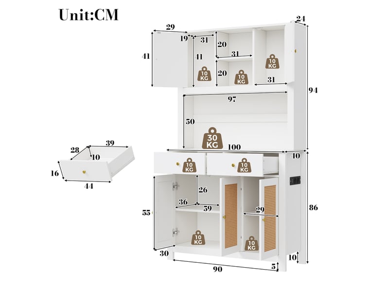 Buffet de cuisine blanc 100 cm avec led rgb, prises 2 ac et 2 usb, 5 portes et 2 tiroirs en mdf pour séjour - Conforama C