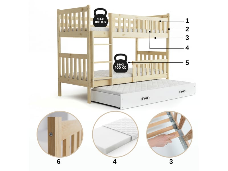  Lit superposé 3 places quba 90x200 cm + lit tiroir 80x190 cm interbeds - bois massif de pin - pin naturel blanc  - Conforama E