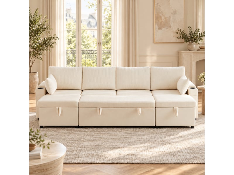  Canapé d’angle en u convertible 4 places 272 x 131 x 84 cm, rangements, porte-gobelets, 2 coussins, chenille, beige  - Conforama B