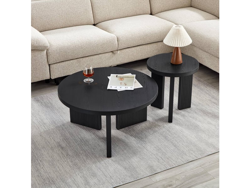  Set de tables basses rondes ulevr, 2 pièces noires en mdf, tables gigognes de salon à structure rainurée, ø 80 et 44,5 cm  - Conforama D