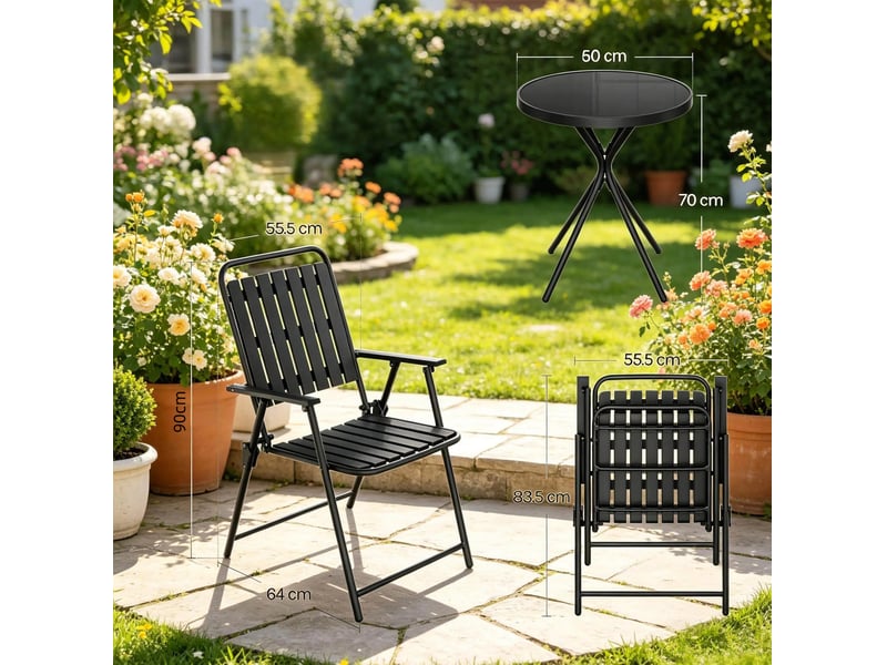 Salon de jardin 3 pièces noir en métal et verre, table pliante et 2 fauteuils pliants pour extérieur - Conforama C