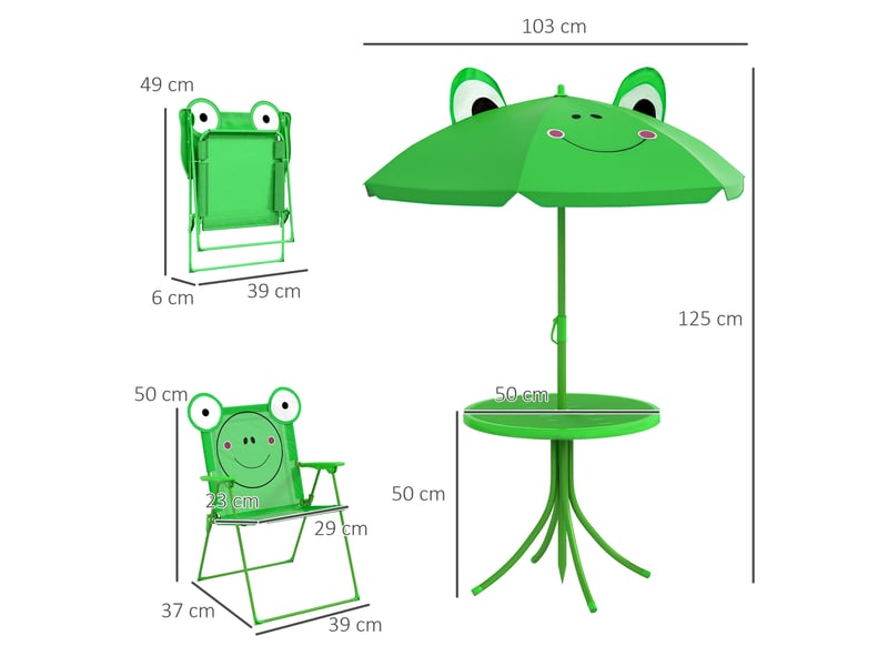  Ensemble de jardin 4 pièces pour enfants comprenant 2 chaises pliantes, un parasol et une table ronde, en acier et tissu oxford, vert.  - Conforama D