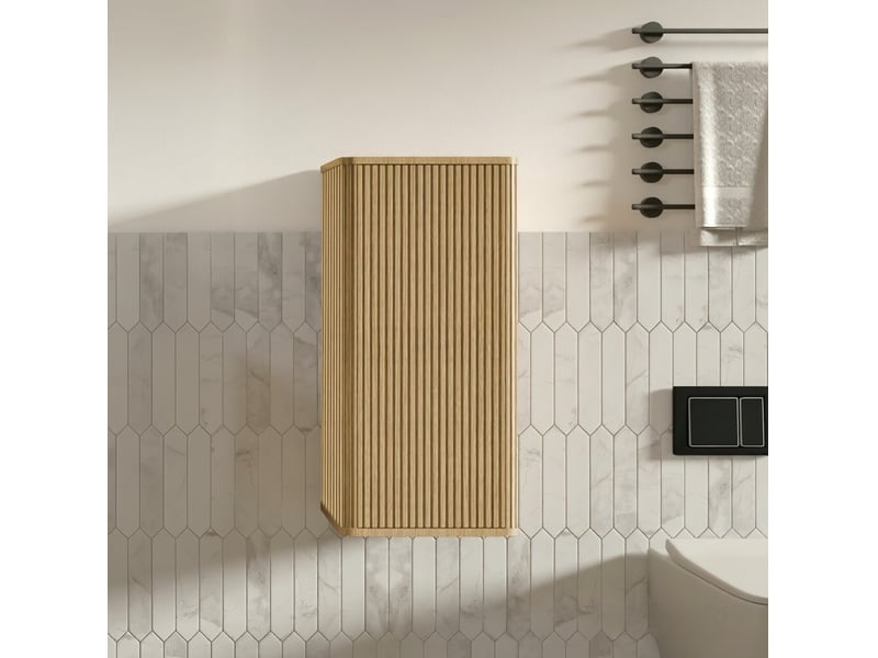  Armoire murale de salle de bain à ouverture par pression avec étagères intérieures, finition rainurée chêne  - Conforama D
