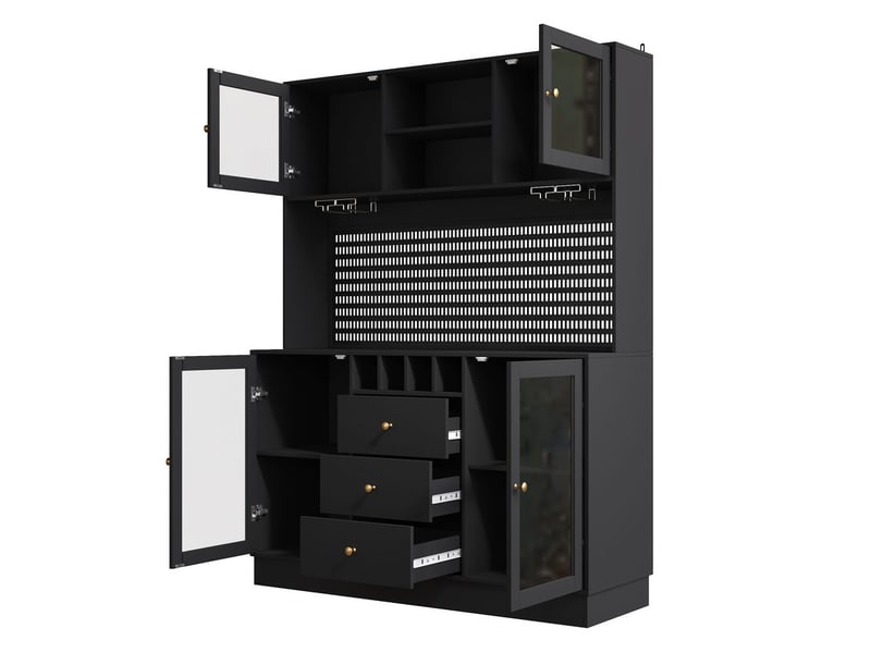 Buffet de cuisine, armoire haute noire, 4 portes & 3 tiroirs, avce éclairage led, porte-bouteilles vin  - Conforama D