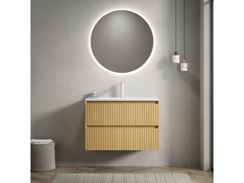 Meuble sous vasque mural avec vasque intégrée et 2 tiroirs, fermeture douce, en céramique et bois, salle de bain, chêne doré blanc - Conforama C