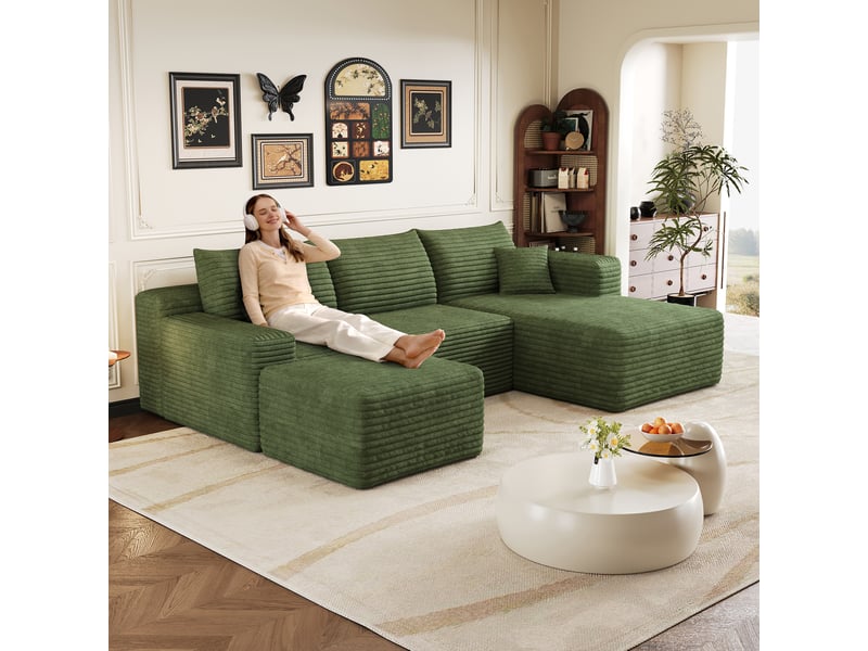  Canapé d’angle vert 4 places en velours côtelé, canapé en l de 241 cm avec méridienne et assise profonde pour le salon  - Conforama E