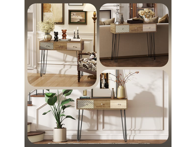 Table console avec 3 tiroirs, table d'entrée étroite avec pieds en épingle à cheveux en acier, marron, 90 x 30 x 75 cm  - Conforama E