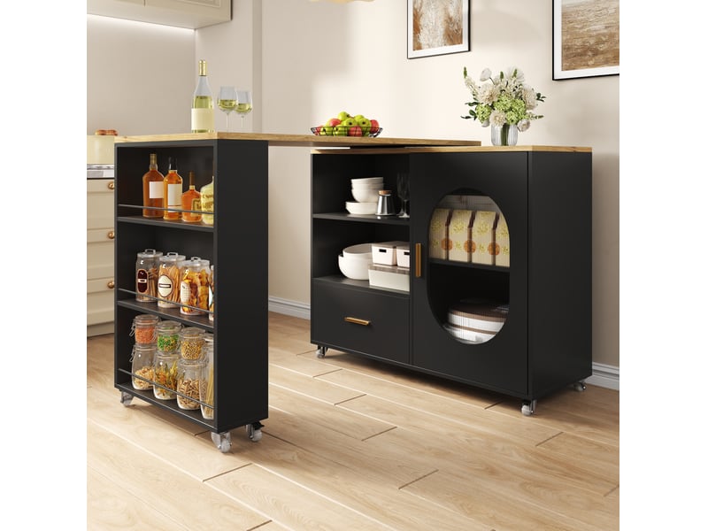  Îlot de cuisine 120x60x90 cm extensible avec 1 porte et 1 tiroir en plateau pivotant et mdf couleur naturel et noir  - Conforama B