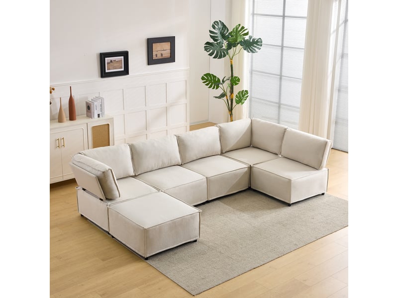 Canapé d’angle modulaire 6 places configurable - lpospi - assises à ressorts, bois, tissu beige 308 × 152 × 77 cm - Conforama B