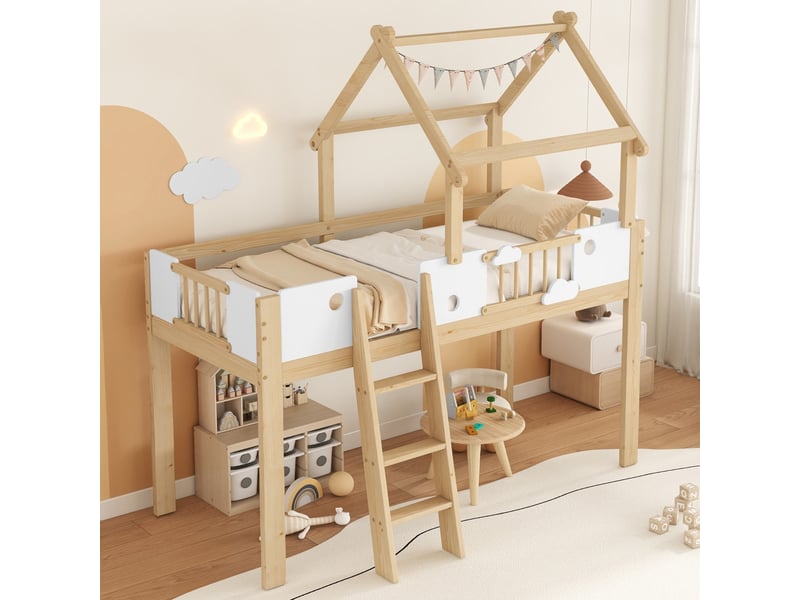 Lit mezzanine cabane enfant 90 x 200 cm avec échelle blanc et naturel Fay Lum - Conforama R