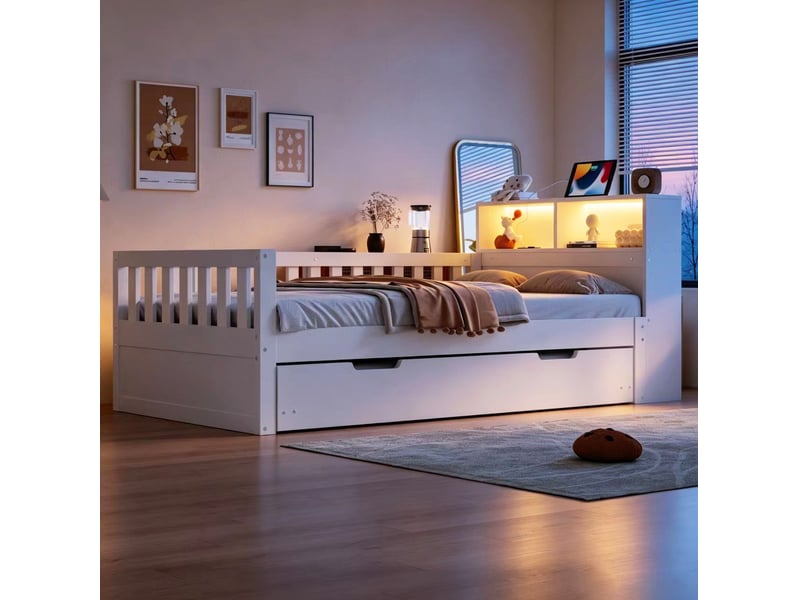  Lit gigogne, 90x200 cm, avec rangement, led, tête de lit, sommier à lattes, matelas non inclus, bois, coloris blanc  - Conforama D