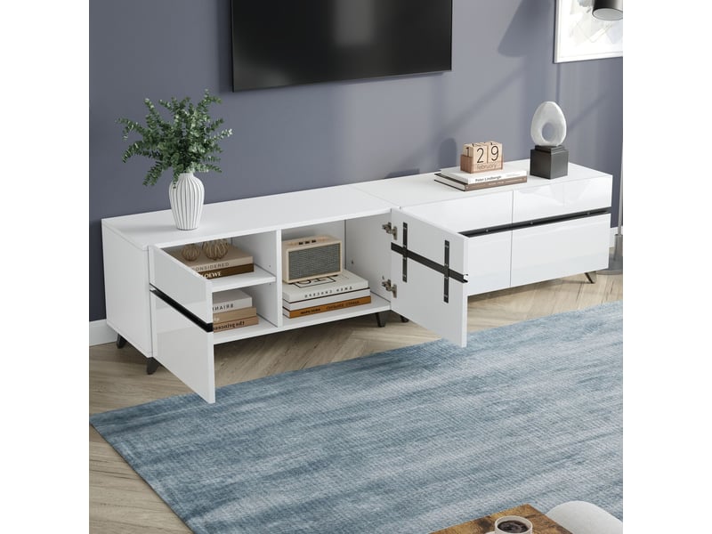  Meuble tv 180x40x50, design brillant avec 4 rangements et pieds, pour téléviseurs jusqu'à 80 pouces  - Conforama D