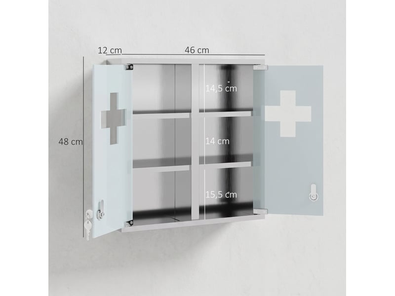  Armoire à pharmacie murale verrouillable 46x12x48 cm, 6 niveaux, 2 clés, métal, argent  - Conforama E