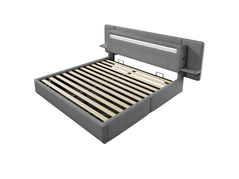 Lit coffre 180x200 cm, lit double rembourré avec led, usb et tablettes de chevet, gris, aspect lin IKSETERA TRADING LTD - Conforama A
