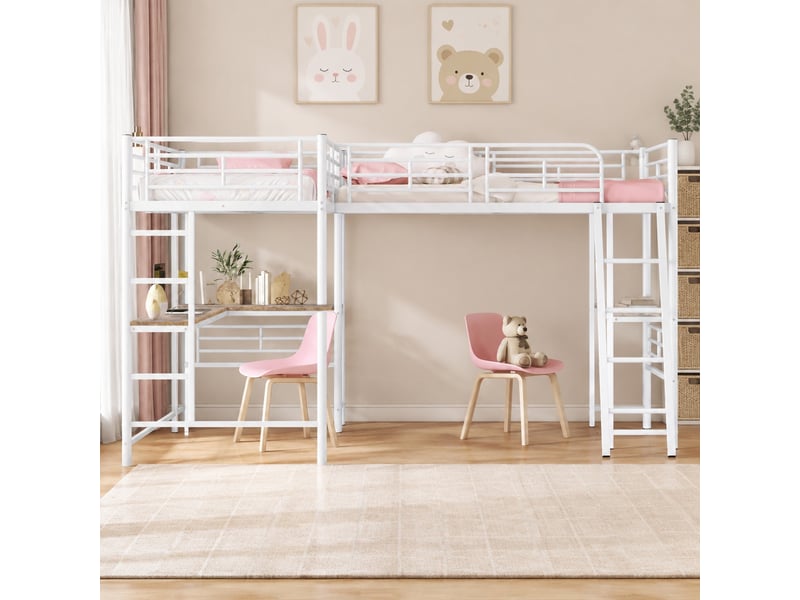  Lit mezzanine enfant 90×200 cm avec bureau dessous et escalier double  - sans matelas, métal et mdf - blanc  - Conforama B