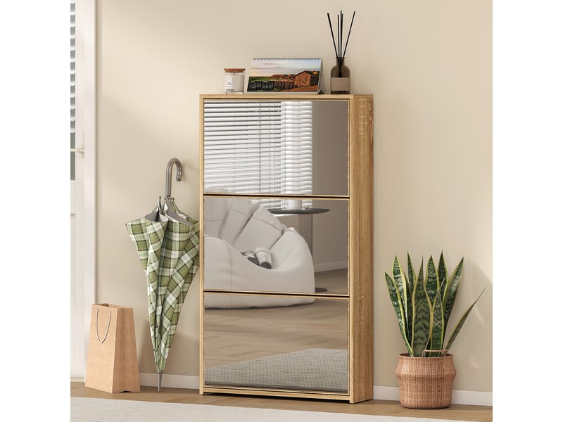  Meuble à chaussures 9 paires, armoire à chaussures étroite, 3 tiroirs rabattables portes miroirs, 65x17x114,5cm naturel  - Conforama C