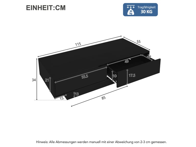  Table basse noire brillante avec éclairage led et 2 tiroirs, 115x55x34 cm, en panneaux de particules, noire  - Conforama C