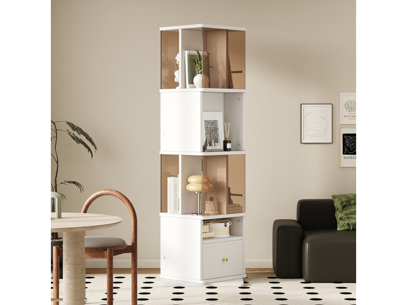  Vitrine rotative avec 1 tiroir, niches ouvertes et éclairage led pour salon en mdf et verre 50×50×160 cm blanc brun  - Conforama B