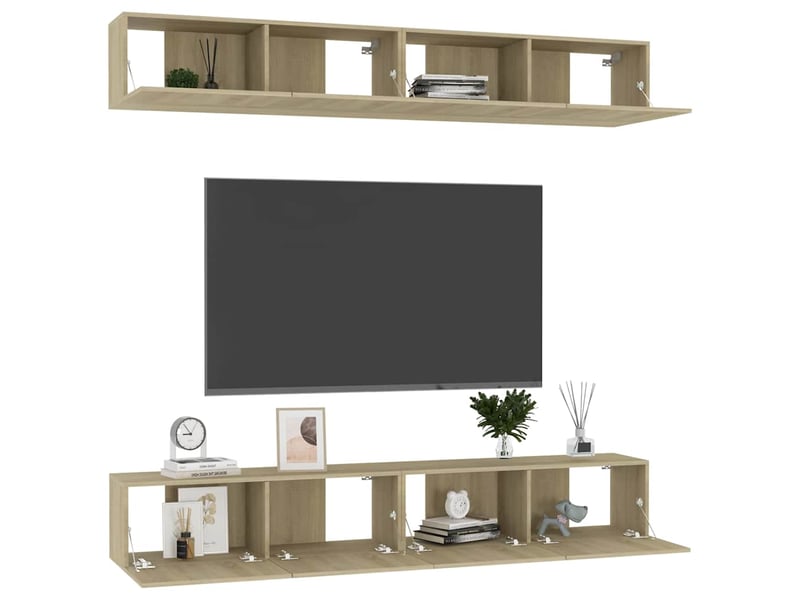  Lot de 4 meuble tv bas salon chêne sonoma 100x30x30 cm bois d'ingénierie  - Conforama C