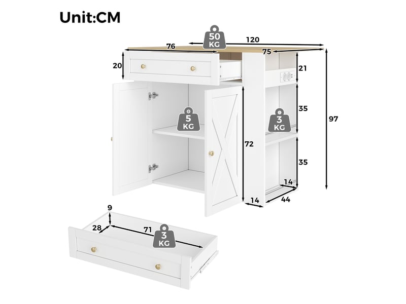 Desserte de cuisine rabattable avec 2 portes, tiroir, étagères et prises pour cuisine, blanc, 120 × 75 × 97 cm - Conforama D