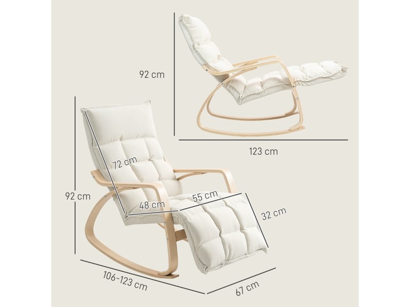 Fauteuil à bascule moderne avec repose-pieds réglable sur 5 positions – rocking chair de relaxation en tissu respirant aspect lin et bois de bouleau – pour salon, chambre et allaitement – blanc crème - Conforama B