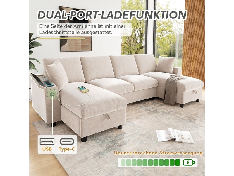  Canapé en u tissu chenille beige avec coffre 279cm - ports usbtype-c et assises amovibles  - Conforama D