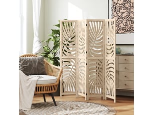 Paravent interieur en bois 4 panneaux 160 x 170 cm, pliable et portable, motif de feuille, bois naturel, design amovible