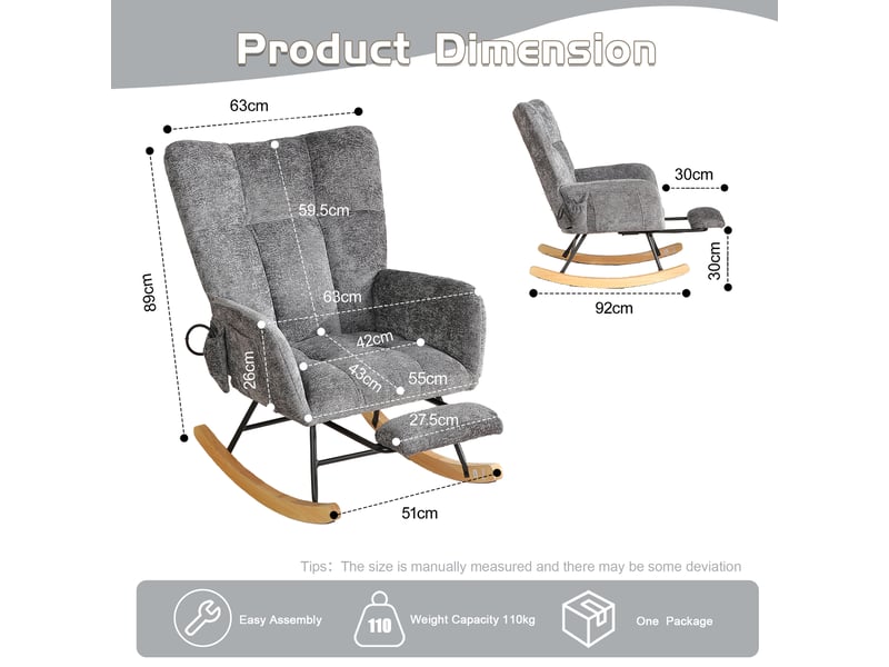 Rocking-chair en chenille avec coussins gonflables réglables, repose-pieds et rangement latéral, gris foncé - Conforama D